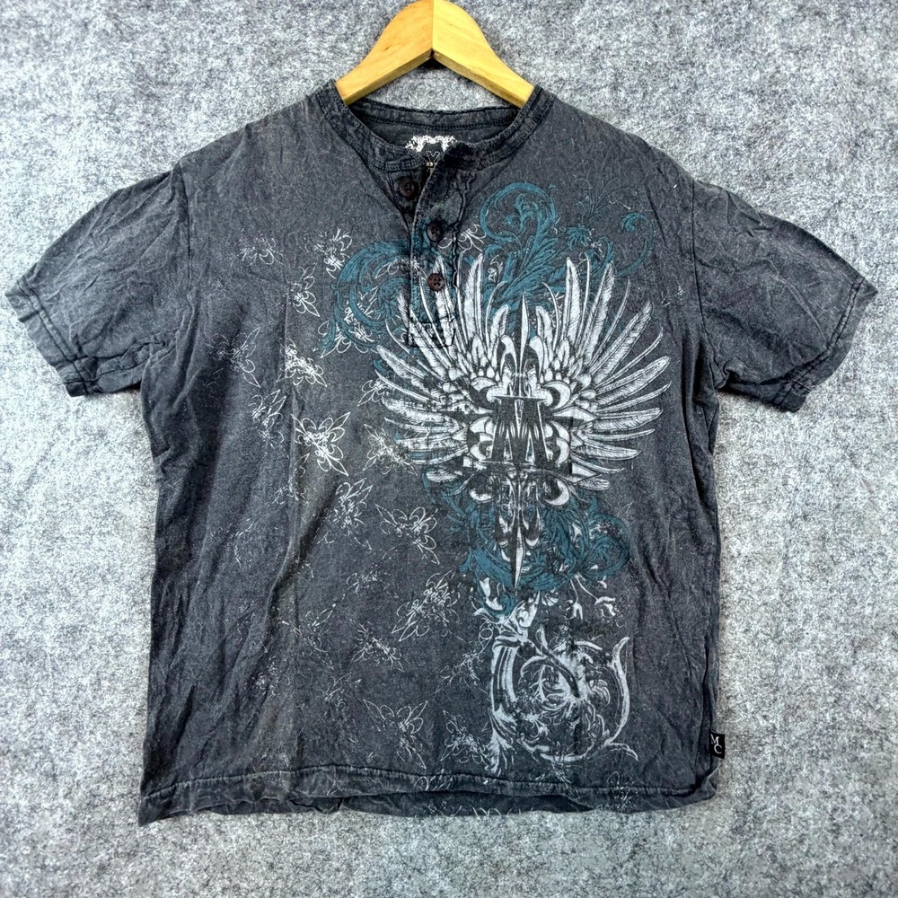 Modern Culture Henley T-Shirt Mens Small Gray Cotton Winged Print Y2K Grunge